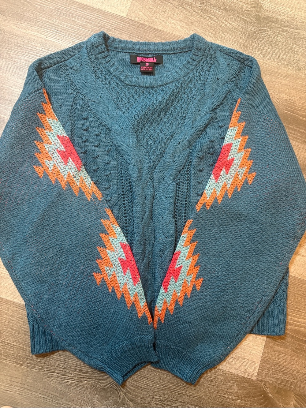Rock & Roll Teal Cable-Knit Sweater with Southwestern Pattern